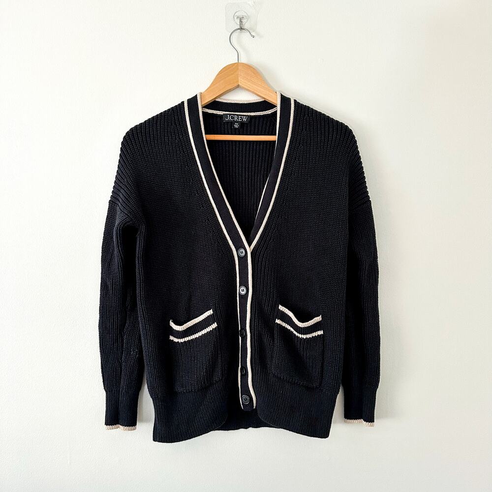 J. Crew Tipped V-Neck Cotton Button Front Knit Cardigan Black XXS